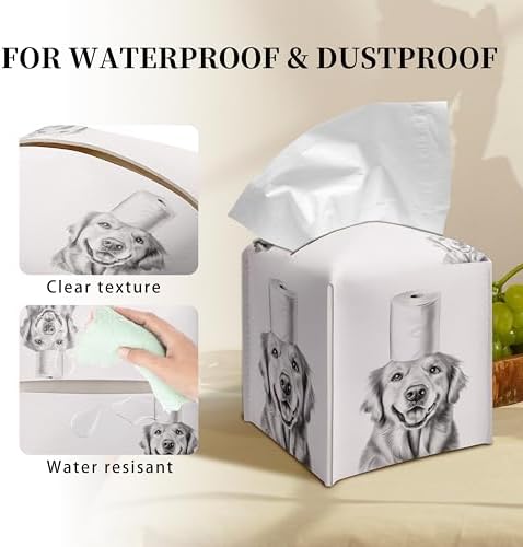 Grace Yonks Cute Golden Retriever Dog Tissue Box Cover Square, Toilet Paper Cube Case for Facial Tissues, 5.2" PU Leather(063)