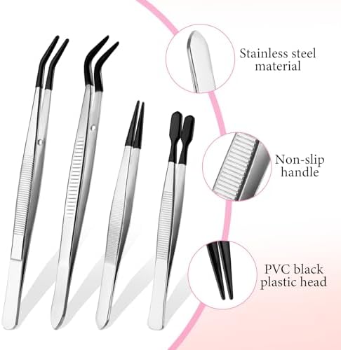 Sibba Tweezers with Rubber Tips 4Pcs PVC Rubber Coated Tweezer Set Jewelry Making Kits PVC Coated Tweezers Set Rubber Straight Tip Tweezers Flat Tip Gripper Reusable Forceps for Crafts Stamps Beads