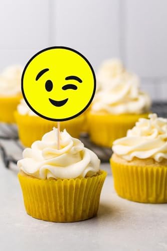 Emoji Cupcake Topper - 24Pack Yellow Winking Face Cupcake Picks, 1st Birthday Cupcake Decor (Winking Face)