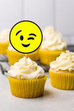 Emoji Cupcake Topper - 24Pack Yellow Winking Face Cupcake Picks, 1st Birthday Cupcake Decor (Winking Face)