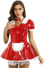 Hedmy Women's Wet Look PVC Leather French Maid Costume Outfits Sexy Mini Dress Apron Fancy Dress