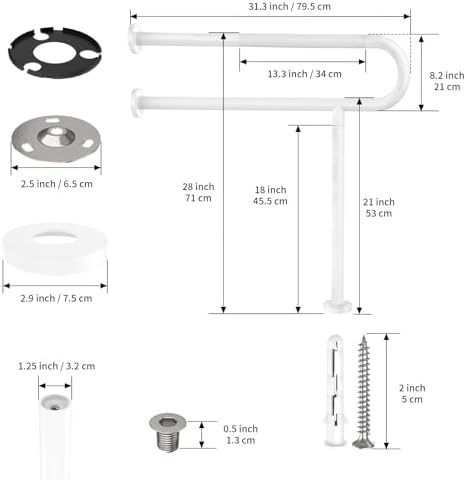 White Toilet Support Rail 31.3X 31.5 Inch, Munzong Anti-Slip Floor to Wall Handicap Grab Bar for Bathroom, Stainless Steel Knurled Safety handrails with Leg for Elderly Disabled Pregnant-1.25’Tube