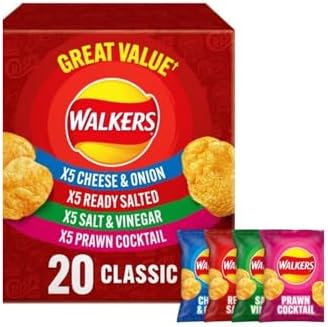 Walker Classic Variety Pack Crisps, 20 Count Multipack with Cheese & Onion, Ready Salted, Salt & Vinegar, Prawn Cocktail Flavors, 25g Bags