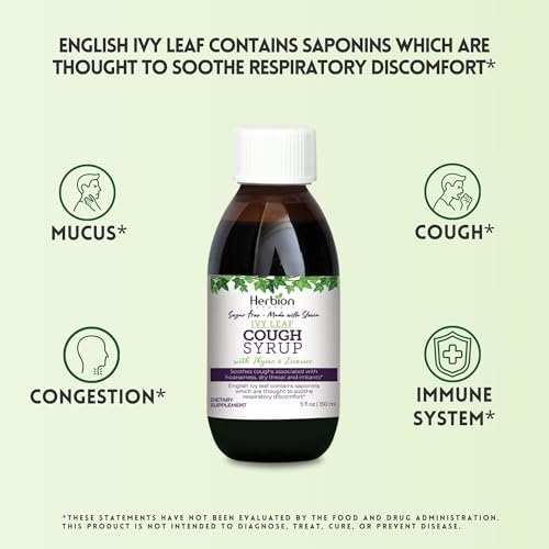 HERBION Naturals Ivy Leaf Cough Syrup with Thyme and Licorice, 5 FL Oz, Soothes Throat and Relieves Respiratory Discomfort, for Adults, Kids 13 Months and Above, Alcohol Free, Sugar Free with Stevia