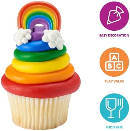 DecoPac Rainbow Cupcake Toppers, 24 Multi-Color Cake Decorations, Food Safe Cupcake Rings - 24 Pack
