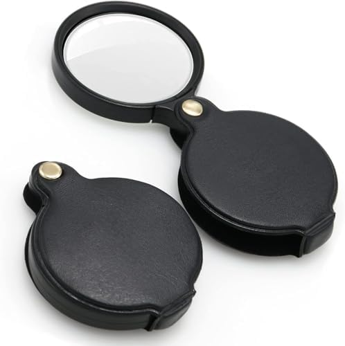 Small Pocket Magnifier Glass, Mini Folding Magnifying Lenses with Rotating Protective Leather Sheath for Seniors Reading, Inspection, Kids for Exploration, Elders Gift, 2 3/8'' Lens Size