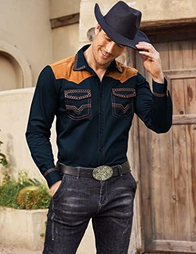 COOFANDY Men's Western Cowboy Shirt Embroidered Long Sleeve Slim Fit Casual Cotton Button Down Hippie Shirts with Pockets