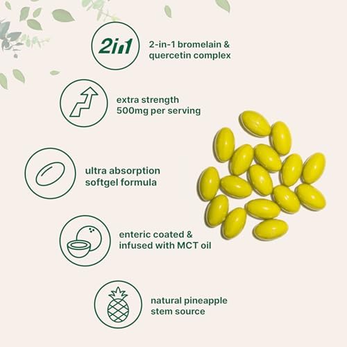 Bromelain 500mg with Quercetin & MCT Oil, 240 Enteric Coated Softgels | Ultra Absorption Bromelain Supplement | Natural Digestive Enzymes for Digestion & Joint Health | Non-GMO, Gluten Free