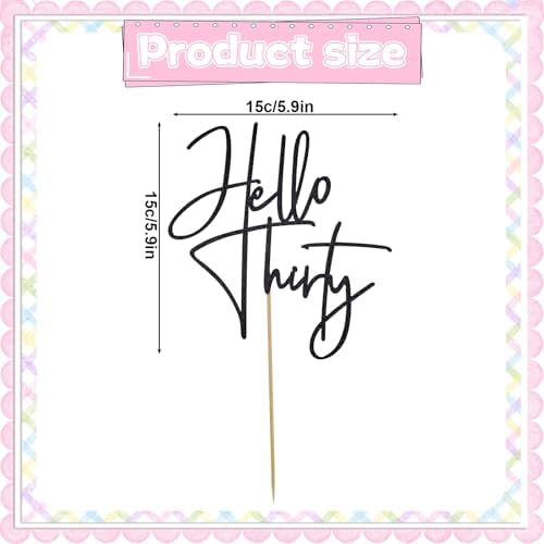Hello Thirty Cake Topper, Black Glitter 30th Birthday Cake Topper Happy 30th Birthday Anniversary Party Decorations Supplies for Her and Him(Black 2)