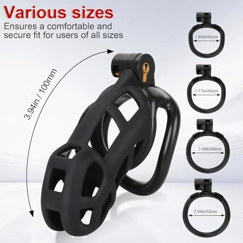 Male Chastity Cage with Belt + 4 Ball Rings & Invisible Lock - Ultralight Fit Design for Long Term Wear, Secure BDSM Device (L-100mm) [Black]- Breathable Large Penis Cage Sex Toy for Men