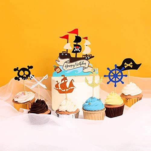 13 Pcs Pirate Cake Toppers, Glitter Pirate Cupcake Decoration, Happy Birthday Cake Topper, for Kids Boys Birthday Halloween Party Muffin Decor