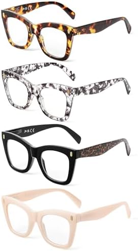 JM 4 Pack Oversized Reading Glasses for Women, Cat Eye Trendy Oprah Style Blue Light Blocking Computer Readers for Women