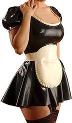 Sexy French Maid Latex Dress with Apron Rubber Uniform Bodycon Playsuit,Black-White,M