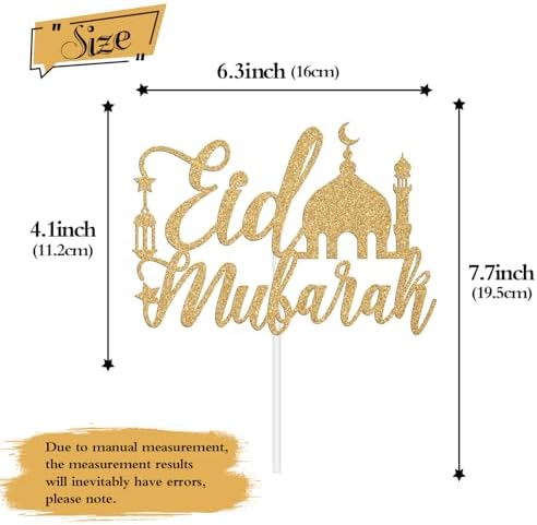Eid Mubarak Cake Topper, Ramadan Kareem, Eid Ramadan Hajj Mubarak Festival Anniversary Party Decorations Supplies Gold Glitter