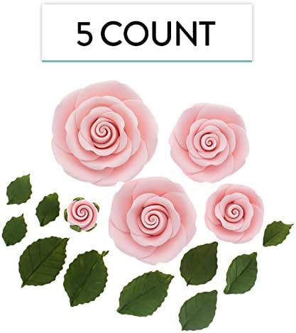 Global Sugar Art Edible Exquisite Rose & Leaf Tray Sugar Cake Flowers, Pink Unwired, 5 Count by Chef Alan Tetreault