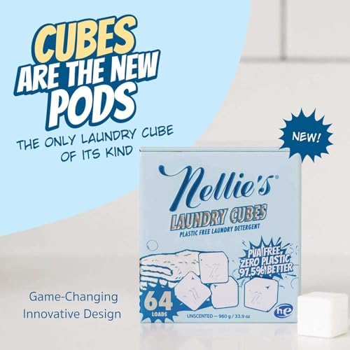 Nellie's Laundry Cubes 64 Load - Zero Plastic, PVA-Free Laundry Detergent - Tough on Stains & Odors - Dissolves in Hot or Cold Water - HE & Standard Machine Safe - Made in Canada