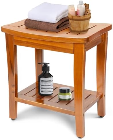 16" Compact Teak Shower Bench with Shelf, Premium Teak Shower Stool, Durable Waterproof Seat for Inside Shower, Solid Teak Wood Bench for Bathroom, Indoor & Outdoor Use