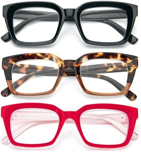 MMOWW Oversized Reading Glasses for Women 3 Pack Oprah Style Blue Light Blocking Computer Readers +1.5