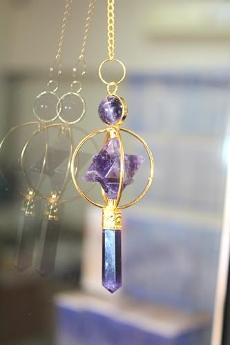 Jet Gold Plated Amethyst Spinning Merkaba Pendulum 2.5 inch Jet International Crystal Therapy 40 Page Booklet Chakra Balancing