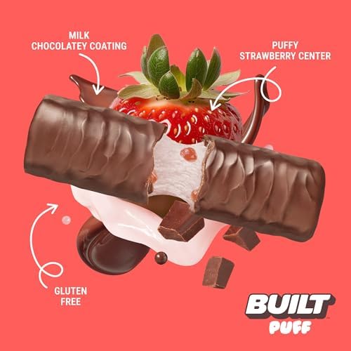 BUILT Bar Puff Protein Bars - Strawberries 'N Cream - 15g Protein Snack Bars with Collagen - Calorie Conscious & Gluten Free - 12 Count