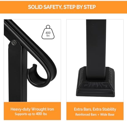 VINGLI Handrails for Outdoor Step, Stair Handrail Fits 1 to 5 Steps, Wrought Iron Hand Rail Stair Railing Kit for Concrete/Porch/Wooden Steps (Black, 2 to 3 Steps)