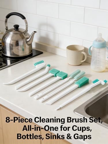 8Pcs Cleaning Brushes Small Spaces, Small Cleaning Brushes for Tight Spaces, Cup Brush, Bottle Brush, Crevice Cleaning Brush Set, Kettle Cleaning Brush, Sink Cleaning Tool, Household Cleaning Brushes