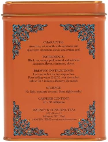 Harney & Sons Caffeinated Hot Cinnamon Sunset Black Tea with Orange and Cloves Tin 20 Sachets (Pack of 1)