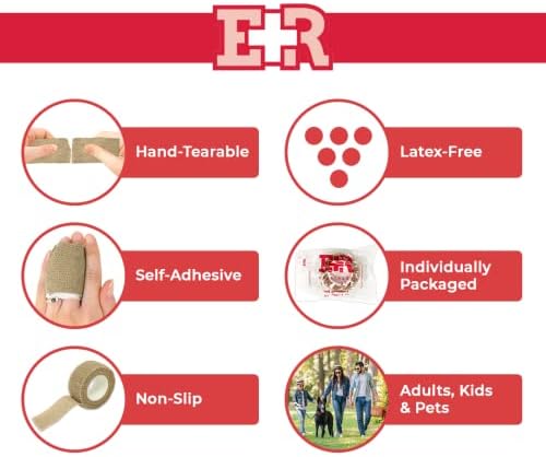 Ever Ready First Aid Self Adherent Cohesive Wrap Bandages 1” x 5 Yards for First Aid, Sprains, Swelling, Sports, Pets, Tan Colors – 12 Count