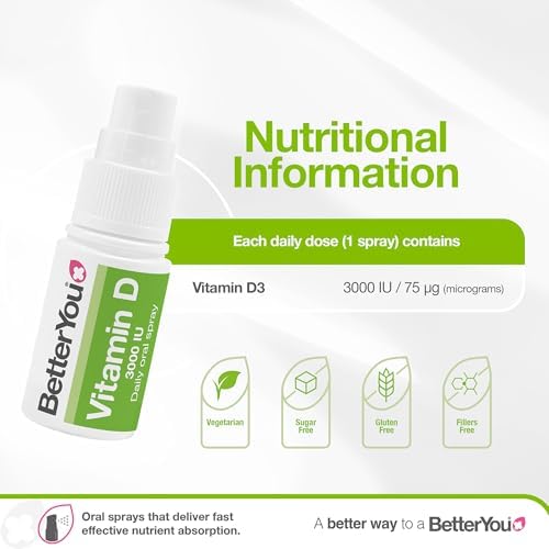 BetterYou D3000 Vitamin D Oral Spray - Convenient Alternative for Tablets - Promotes Strong Bones, Teeth and Immune System - Aids in Calcium Absorption - Natural Peppermint Flavor - 0.5 oz