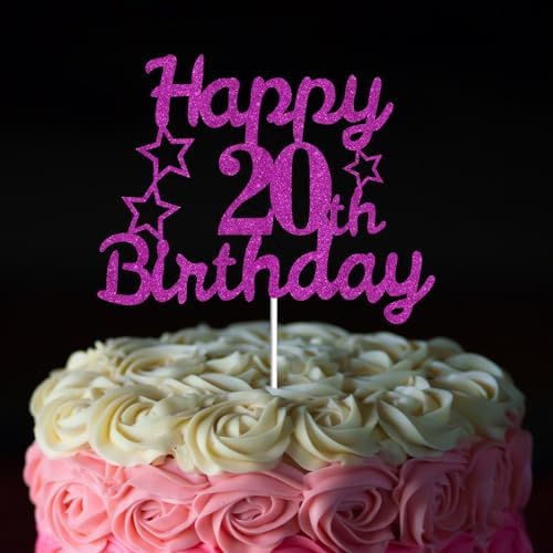 Happy 20th Birthday Cake Toppers Purple Glitter, Cheers to 20 Years Old Bday Decoration 20th Anniversary Cake Topper, Twenty Theme Cake Decorations for Birthday Anniversary Party