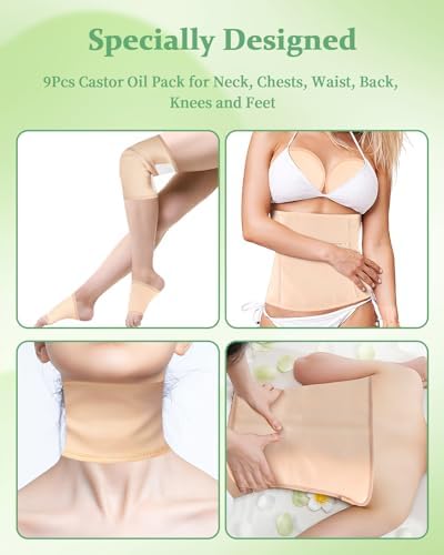 Castor Oil Pack Wrap, 9 Pcs Reusable Organic Castor Oil Pack Kit for Neck Chest Waist Back Knee and Feet, Adjustable Elastic Straps Castor Oil Compress Pads, Machine Washable Anti Oil Leak
