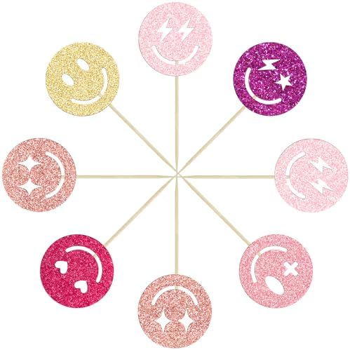 Gyufise 24Pcs Preppy Smile Face Cupcake Toppers Colorful Glitter Star Lightning Y2k 2000s Pink Party Bachelorette Cupcake Picks for Preppy Y2k Theme Bachelorette Birthday Party Cake Supplies