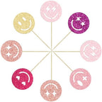 Gyufise 24Pcs Preppy Smile Face Cupcake Toppers Colorful Glitter Star Lightning Y2k 2000s Pink Party Bachelorette Cupcake Picks for Preppy Y2k Theme Bachelorette Birthday Party Cake Supplies