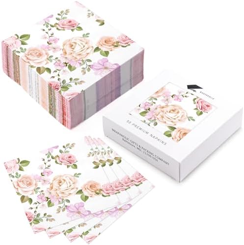 WRAPAHOLIC 50Pcs Pink Floral Cocktail Napkins - 3-Ply Pink Rose and Blossom Disposable Paper Napkins for Wedding Party Tableware Party Supplies - 5 x 5 In
