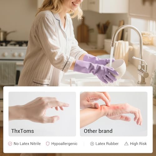 ThxToms 4 Pairs Nitrile Cleaning Gloves, Latex free Reusable Dishwashing Gloves for Women, Kitchen and Bathroom Cleaning, Non-Slip &Flexible, 10 Mil, Colorful, M