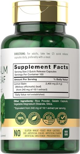 Carlyle Lemon Balm Capsules | 200 Count | Non-GMO and Gluten Free Formula | Melissa Leaf Traditional Herbal Supplement | Super Concentrated Extract