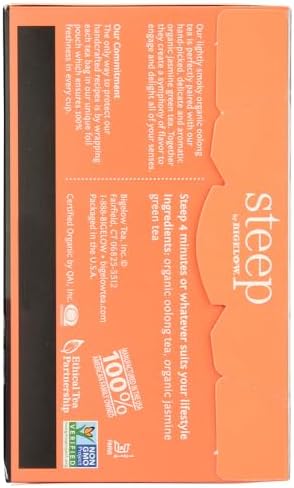 steep Organic Oolong with Jasmine Green 20 Count Box, Certified Organic, Gluten-Free, Kosher Tea in Foil-Wrapped Bags