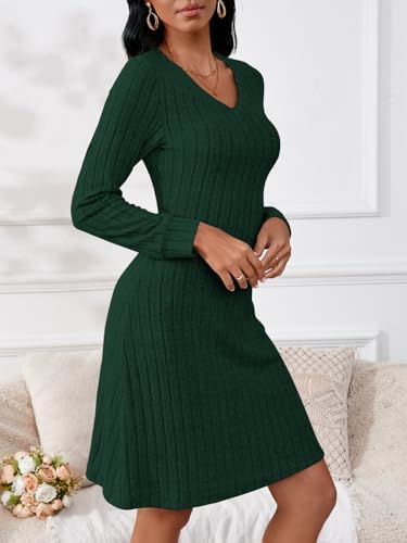 PerZeal Women's Casual V Neck Long Sleeve Knit 2026 Trendy Spring Dresses Solid Color A Line Midi Dress Sweater Dress
