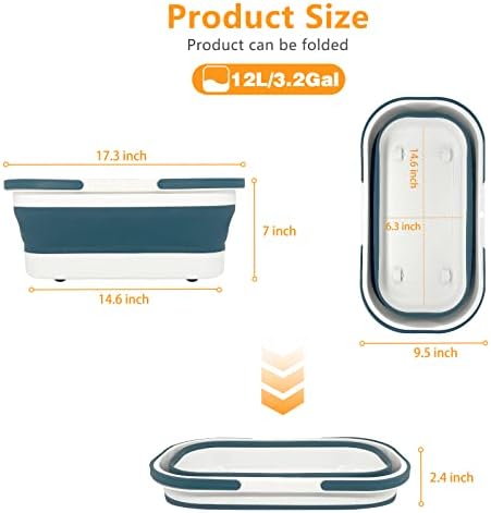 Collapsible Plastic Bucket with Wheels 12L (3.17 Gallon) for House Cleaning, Camping, and RV - Multi-Purpose Rectangular Handy Basket for Cleaning Mop - Lightweight and Portable (Blue)