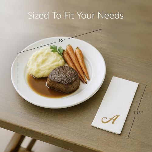 Luxenap 15.8 X 7.9 Inch Linen-Feel Guest Towels, 50 Lettered Hand Towels - Gold Letter 'A', Cursive Font, White Paper Dinner Napkins, airlaid, For Restrooms And Tables - Restaurantware