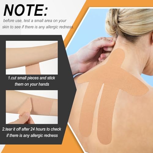 FairySandy 12 Pcs Precut Kinesiology Tape for Pain Relief Waterproof Breathable Kinesiology Athletic Tape Enhance Elastic Pre Cut Strips for Sports Joints Muscle Support (Neck,Beige)