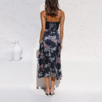 Fashionme Women Spaghetti Strap Midi Satin Dresses Tie Front Backless Slit Cutout Dress Semi-Formal/Casual Flowy Lightweight Navy Blue 2 Medium