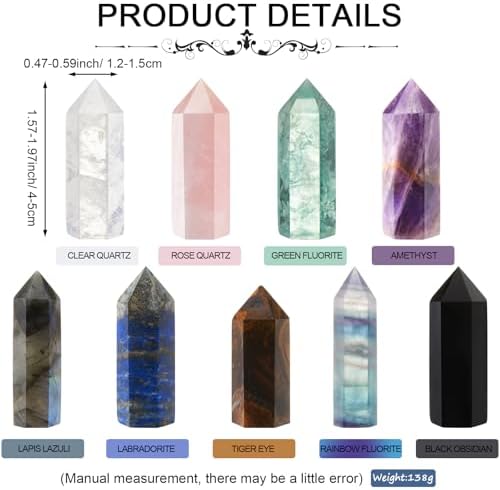 Junkin 9 Sets Healing Crystal Wand, Amethyst Rose Quartz Clear Quartz Tiger Eye Obsidian Fluorite Labradorite Lapis Lazuli for Meditation Crystal Therapy Reiki Supplies(Mixed Color,1.6-2 Inch)