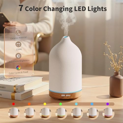 URPOWER 120ML Ceramic Essential Oil Diffuser, Ultrasonic Aromatherapy Diffuser with 7-Color Lights, Auto Shut-Off, Quiet Oil Diffuser for Bedroom, Home Office