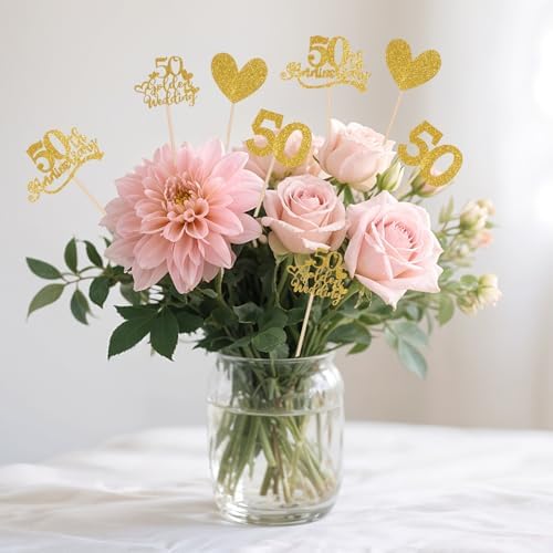 36 Pcs Golden 50th Anniversary Decorations,Ymapinc Gold Centerpieces for Table,Happy 50th Anniversary Cake Topper Cheers to 50 Years Table Centerpieces, Party Decorations for Cake Supplies