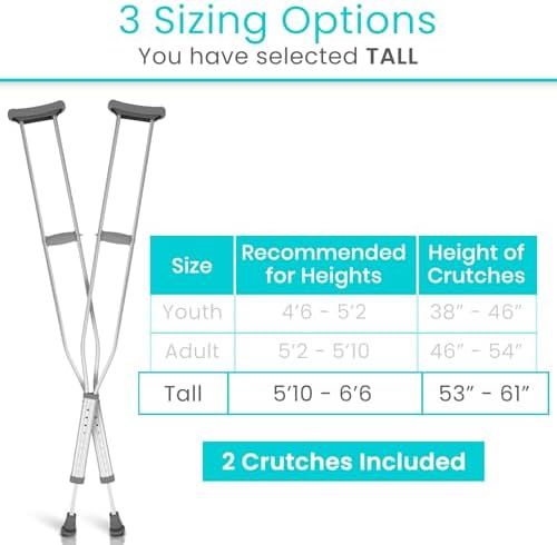 Vive Crutches for Adults - Pair of Adjustable, Lightweight, Aluminum Walking Crutches - Accessories Fits Heights- 3 Sizes for Youth, Adults, Tall People - Supports up to 300 Pounds (Tall)