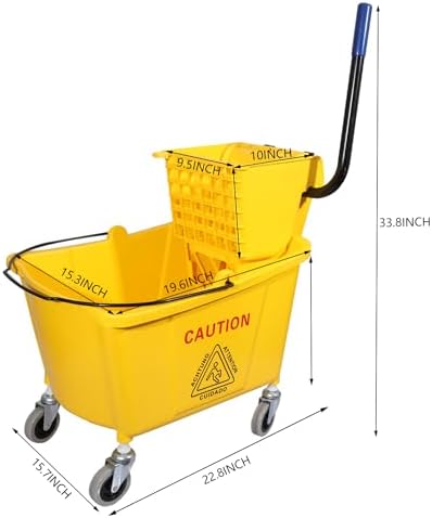 Midoneat Commercial Mop Bucket with Side Press Wringer on Wheels, Including One Commercial Mop, 35 Quart, Yellow
