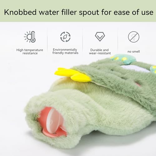 Green Rubber Hot Water Bottle with Soft Removable Knit Outer Lid, Classic Rubber Hot and Cold Water Bottle with Cute Image Hand Feet Warmer and Shoulder Pain Relief