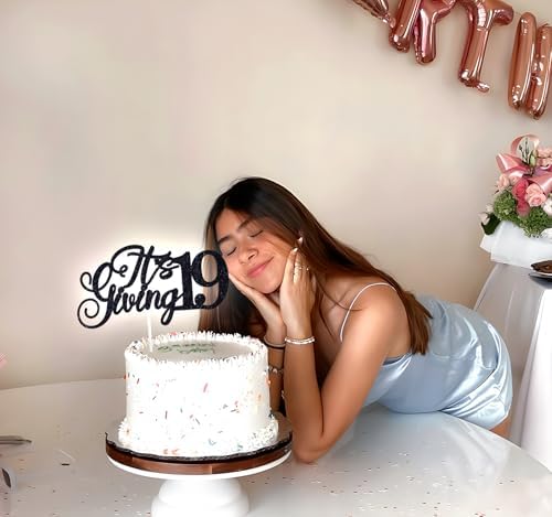 It's Giving 19 Cake Topper, Bruh I'm 19, Hello 19, Death to My Teen, Funny 19th Birthday Party Decorations Supplies for Boys Girls, Black Glitter