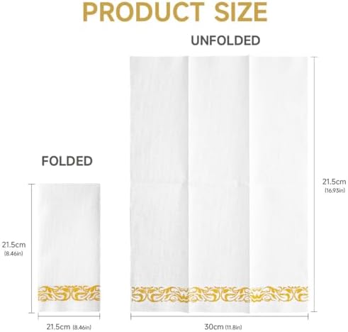 JEBBLAS 50 Disposable Hand Towels, Soft and Absorbent Linen Feel Dinner Napkin, Decorative Napkins for Parties, Weddings, Events or Everyday, Gold and White